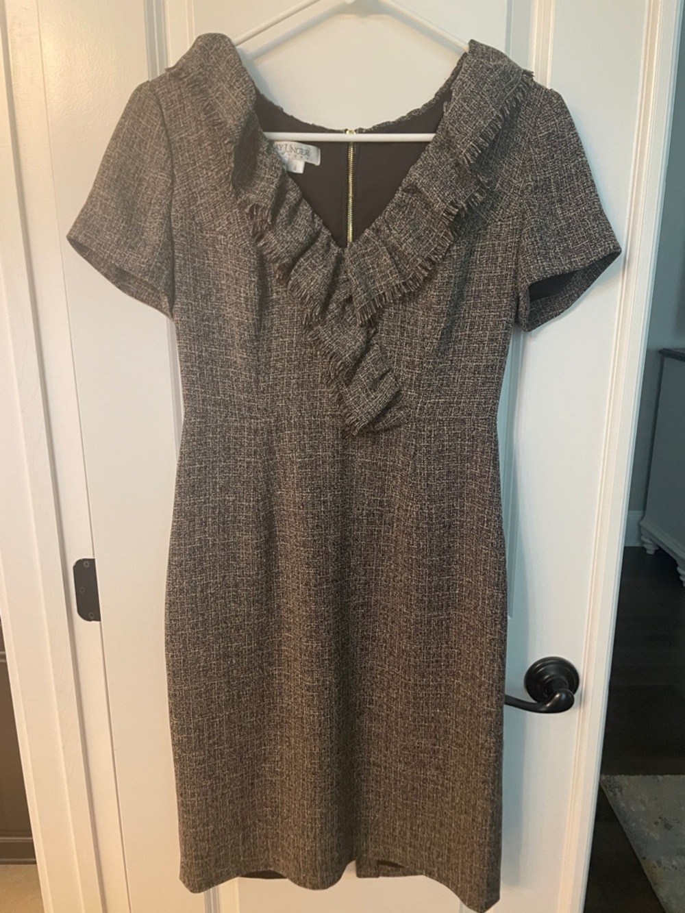 Vince Camuto Charcoal Tweed Ruffle V-Neck Midi Dress